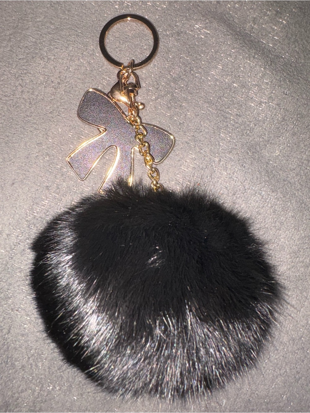 Faux Fur Pom Pom Keychain with Bow Charm - Black